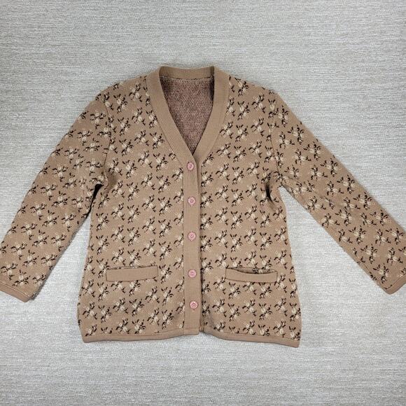 Vintage Floral Thick Knit Cardigan Womens L Mauve Tan Button Front Sweater - Picture 4 of 16